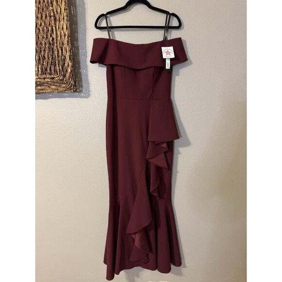 Betsy & Adam 6P Carina Long Maroon Ruffle Off the Shoulder Formal Ballgown NEW - Picture 9 of 11